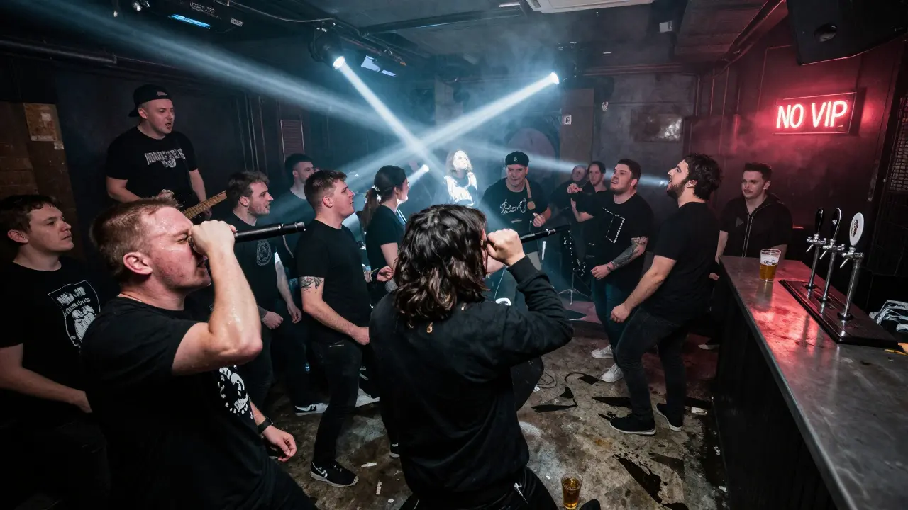 A packed punk show at The Garage with strobe lights, smoke, and a raw, energetic crowd in a dark, gritty venue.