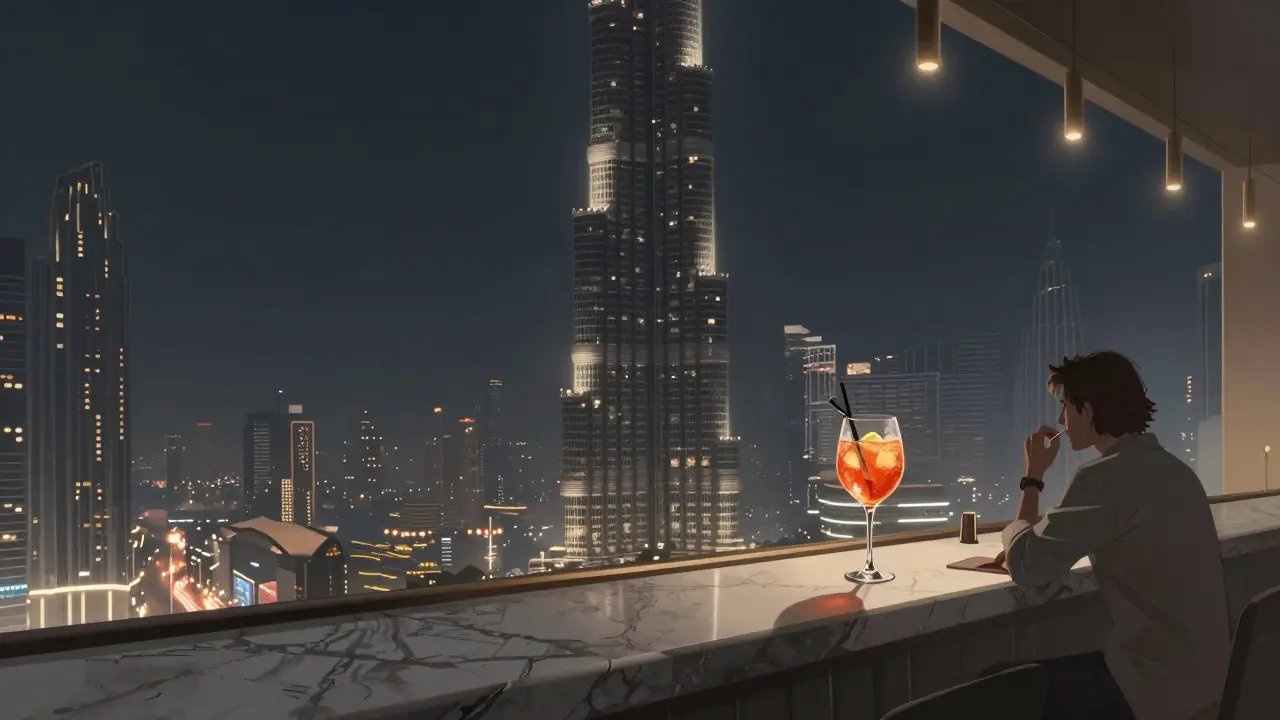 A person sipping a cocktail at the highest bar in the world, overlooking a sea of city lights.