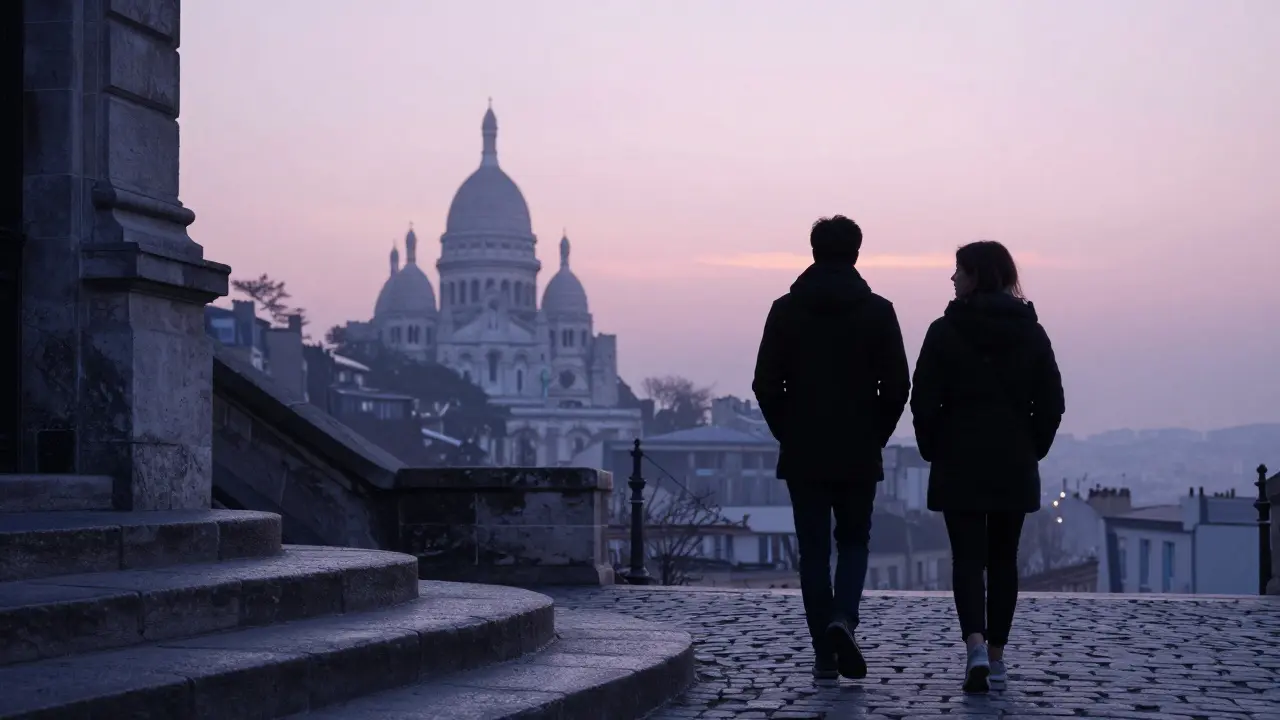 A person standing at the base of Sacré-Cœur at dawn, accompanied by a quiet companion, as the city awakens softly below.