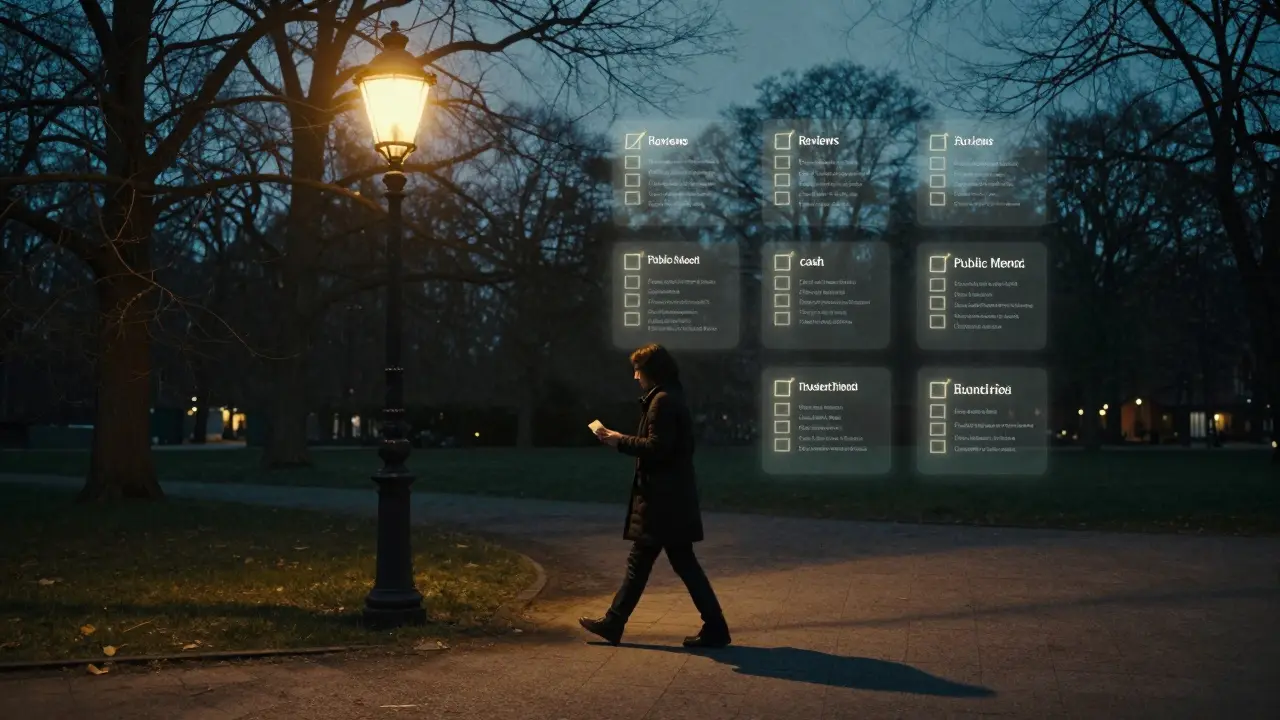 A person walking at dusk in Tiergarten park with seven glowing checklist items floating around them, symbolizing safe booking practices.