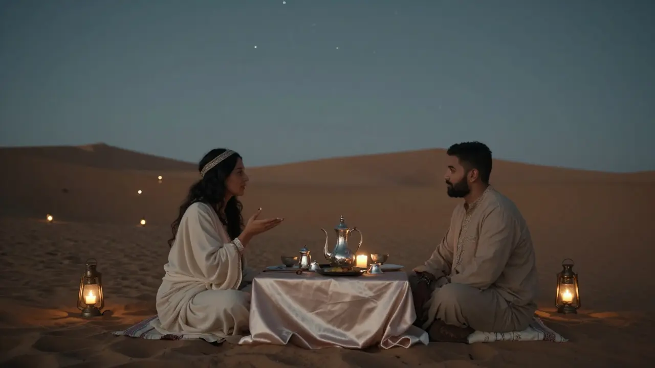 A private desert dinner under the stars, with lanterns and silk drapes, two figures engaged in quiet conversation.