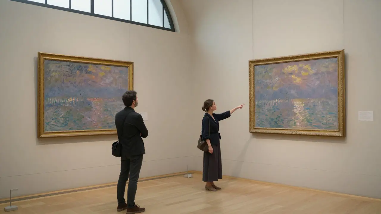 A private museum tour at dawn, with a companion pointing to an impressionist painting in an empty gallery.