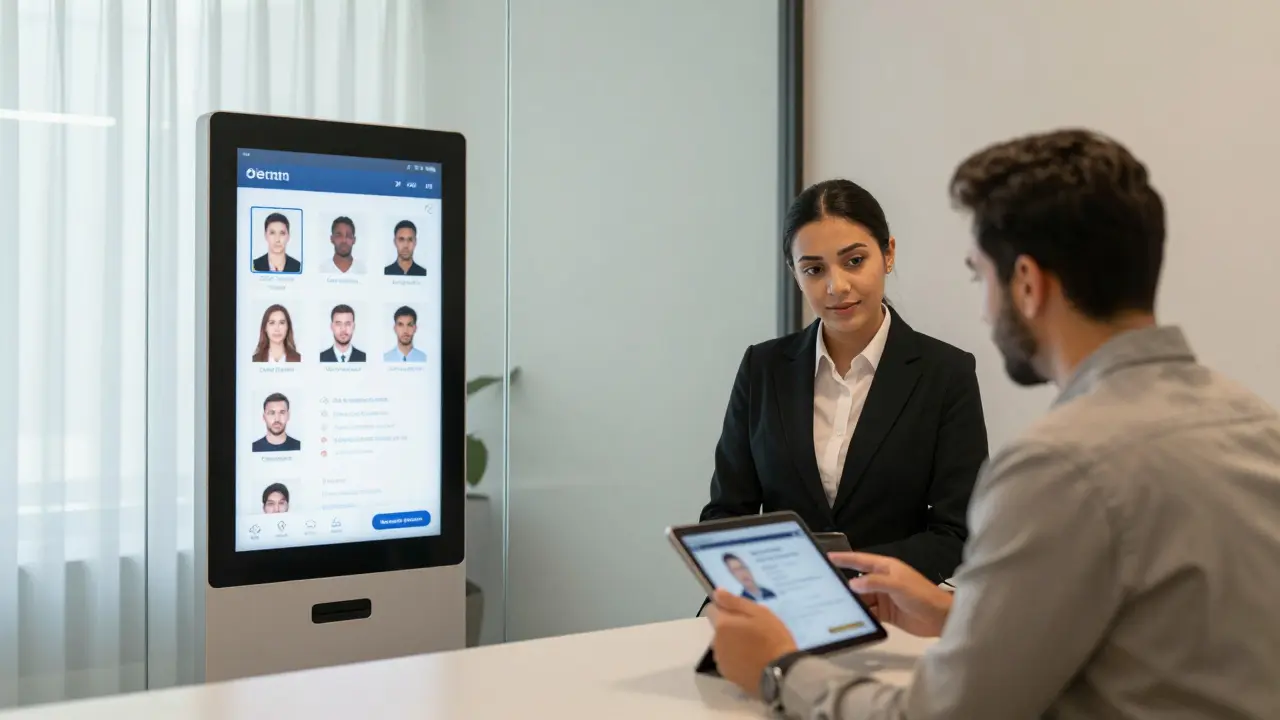A professional agency office in Abu Dhabi showing verified companion profiles on a digital kiosk.