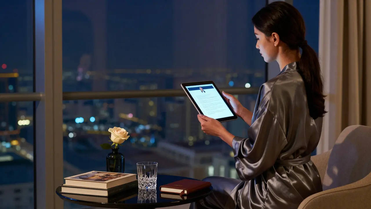 A professional companion in a luxury hotel suite, surrounded by books and subtle signs of refined service.