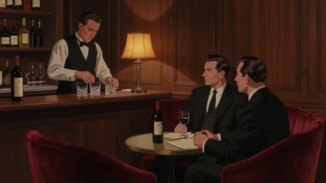 A quiet, velvet-lined lounge in Monaco with a bartender and two guests in black tie, soft lighting and crystal glasses.