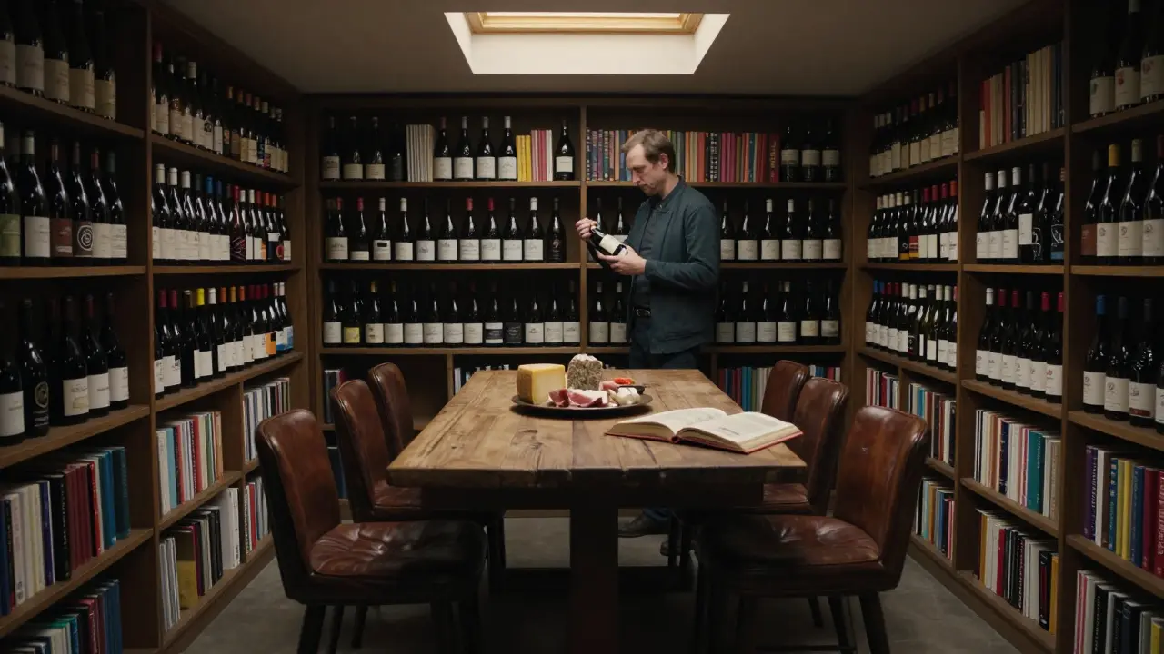 A quiet wine cellar under a bookshop with shelves of bottles and a host selecting a wine for a guest.