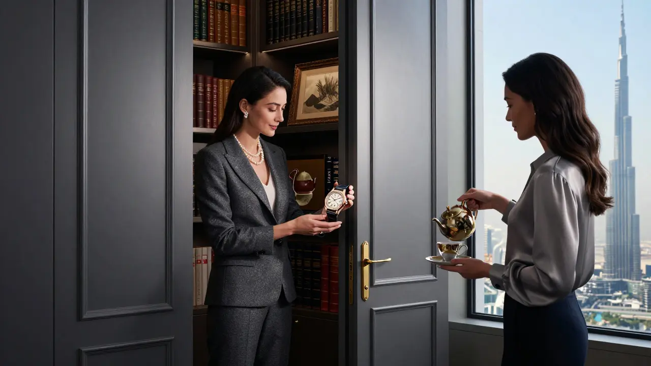 A rare watch being shown in a secret library, with tea being poured beside a window overlooking Burj Khalifa.