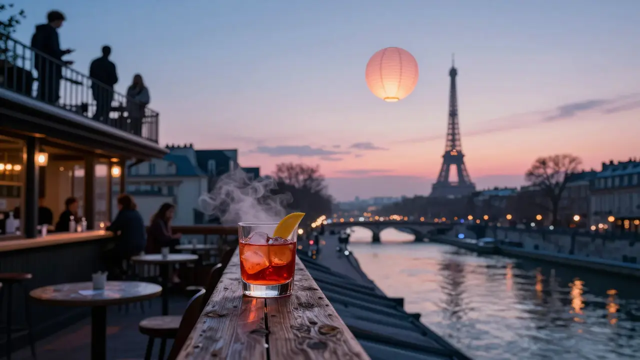 A rooftop bar at dawn overlooking Canal Saint-Martin, city lights reflecting on water, a cocktail on the ledge.