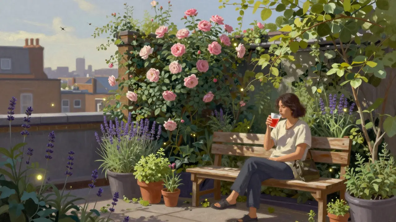 A rooftop garden bar with lush plants and fireflies, where someone sips a drink under soft ambient light.