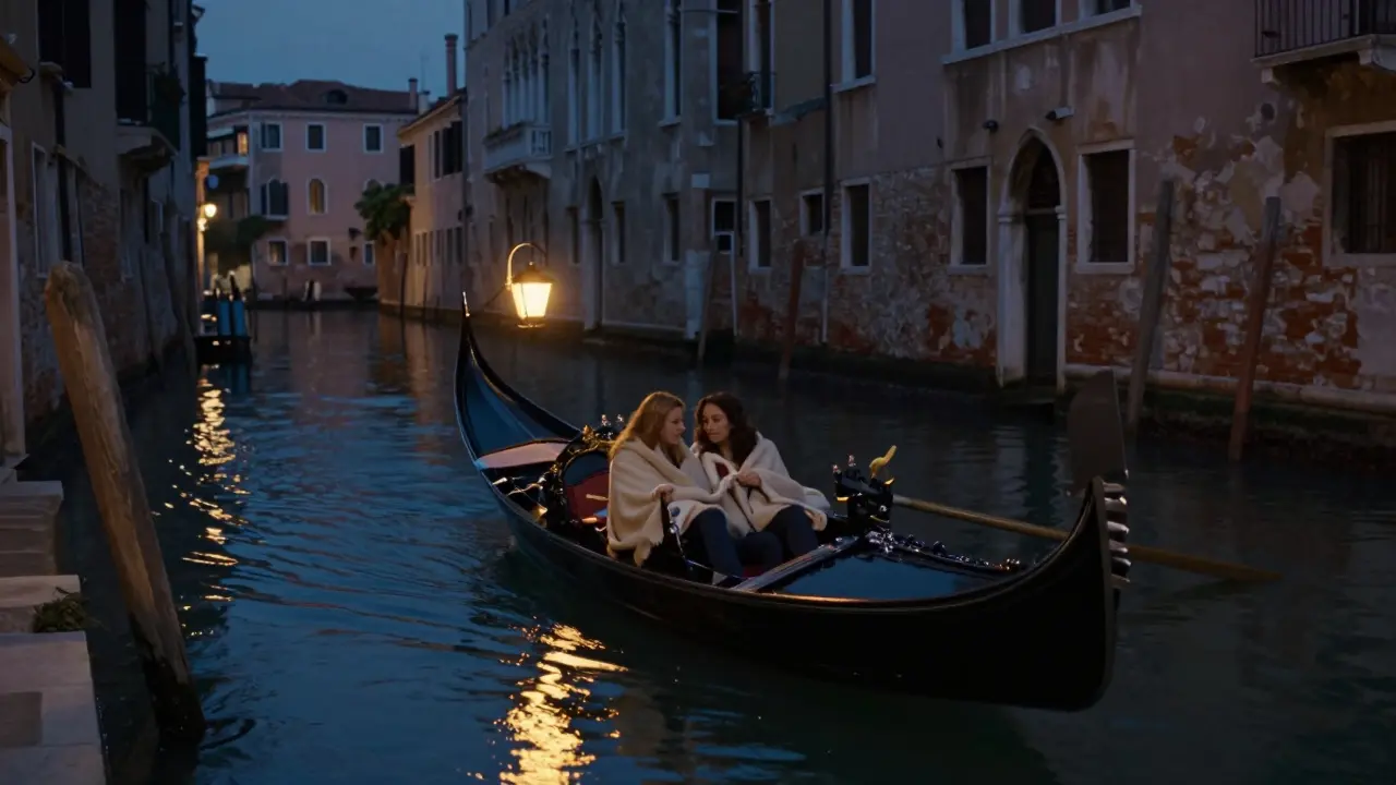 A silent gondola floats along Naviglio Grande at midnight, illuminated by a single lantern, reflecting off the water and historic buildings.