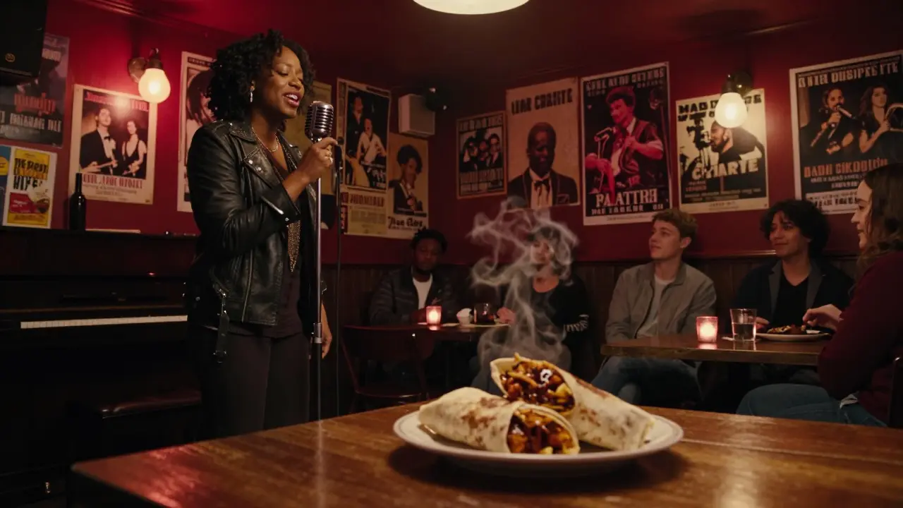 A soul singer performs under soft red lights at The Jazz Cafe, surrounded by vintage posters and an intimate, cozy audience.