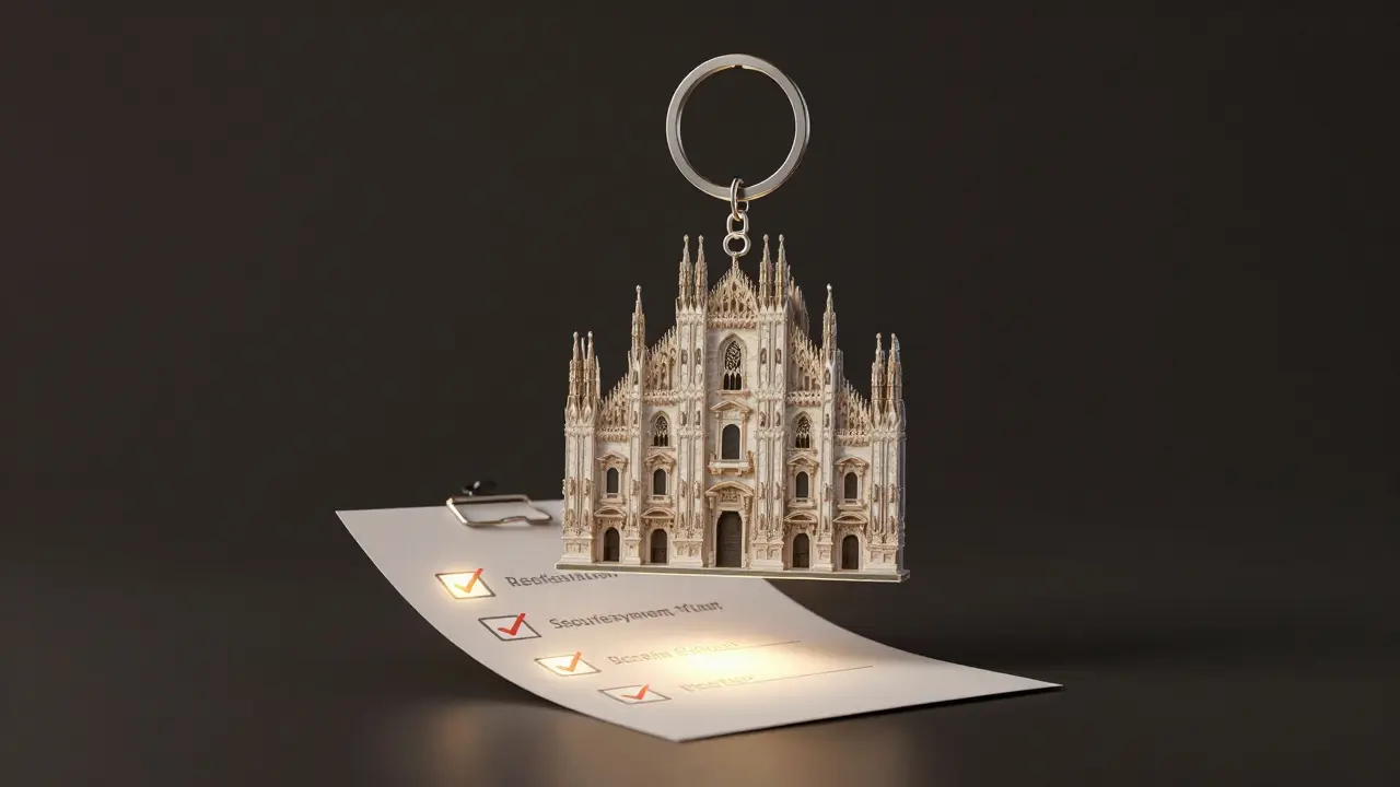 A symbolic glass keychain shaped like Milan's Duomo above icons representing safety and professionalism.