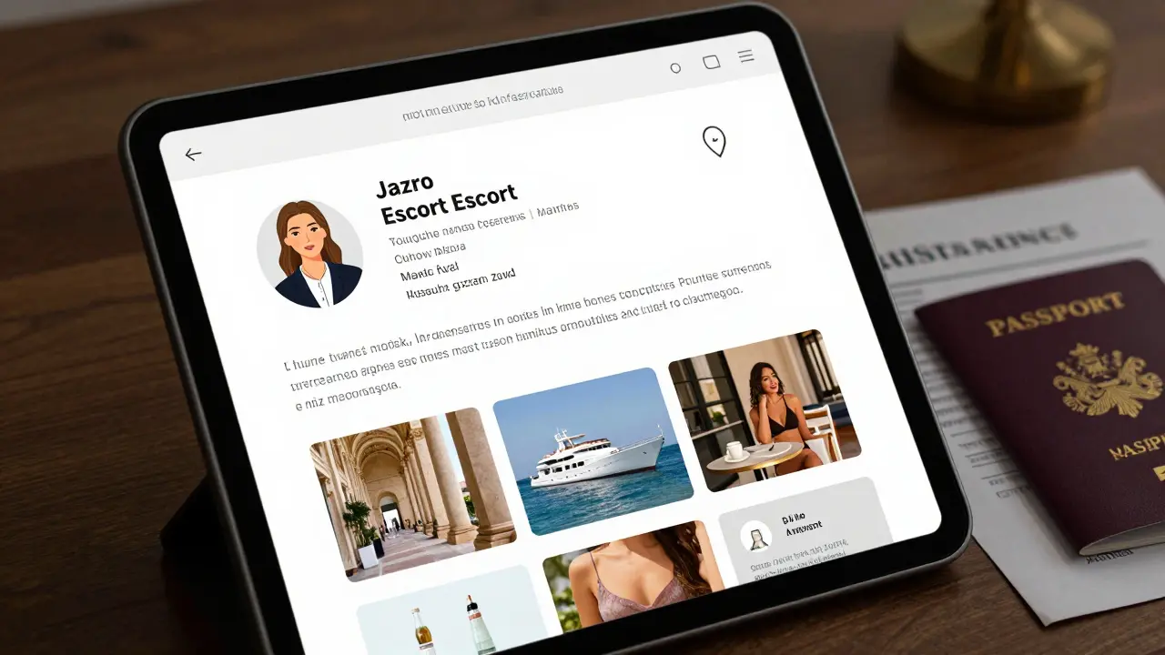 A tablet displaying a legitimate escort profile with real photos of museum visits and café outings, no explicit imagery.