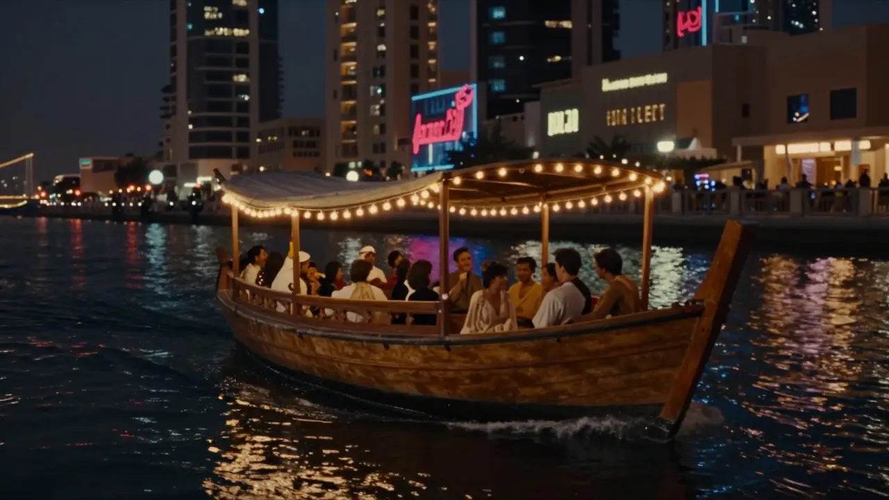 A traditional dhow boat glides peacefully along Dubai Creek under string lights at midnight.