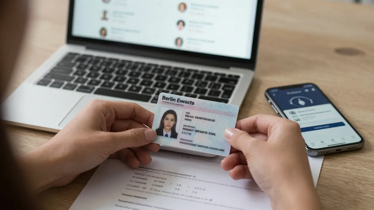 A woman's hand placing a government ID next to a verified escort profile on a table, emphasizing identity verification.