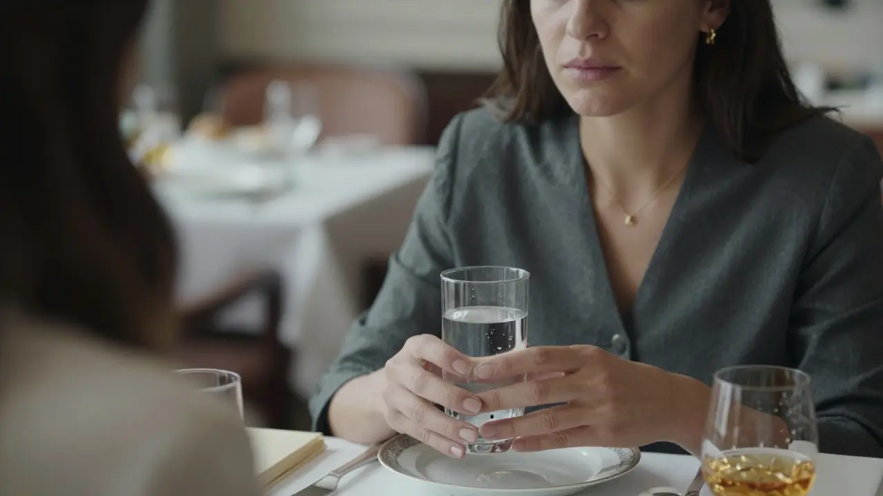 A woman's hands hold a glass of water at a quiet lunch, her gaze thoughtful and attentive as she listens to an unseen companion.