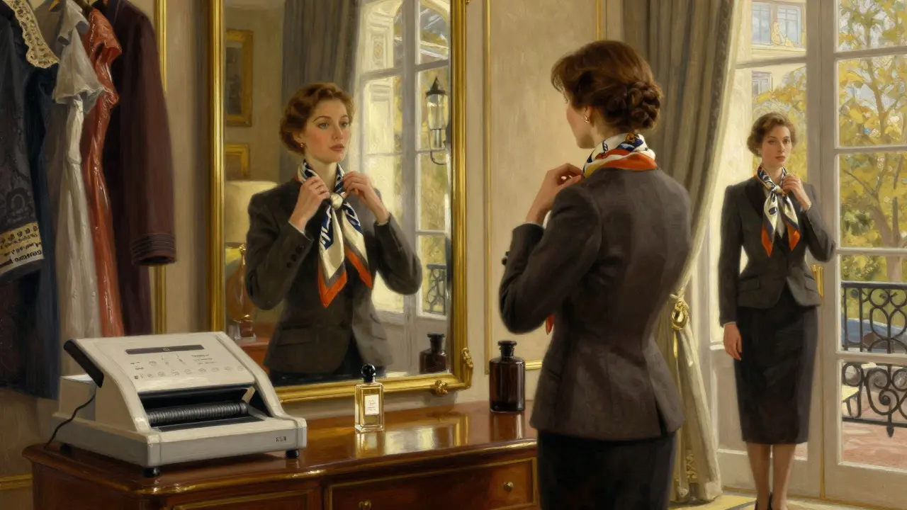 A woman adjusts a silk scarf in front of a mirror, surrounded by a curated wardrobe of elegant, timeless clothing.