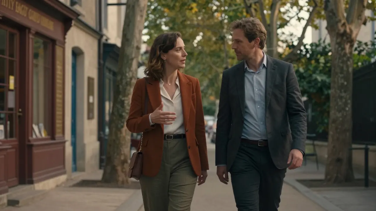 A woman and client walking together in Le Marais at sunset, engaged in thoughtful conversation.
