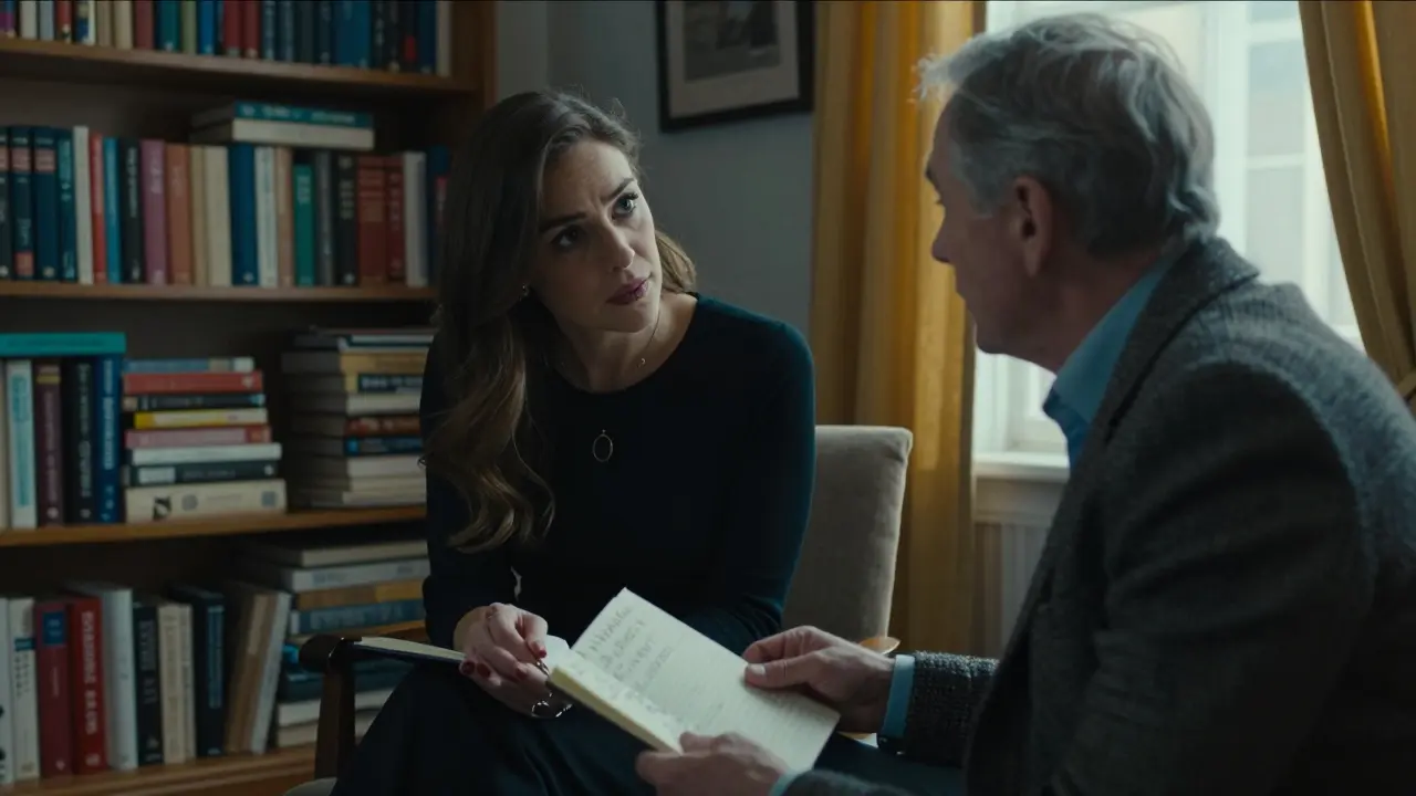 A woman and older man in quiet conversation in a book-filled study, emotional connection palpable.
