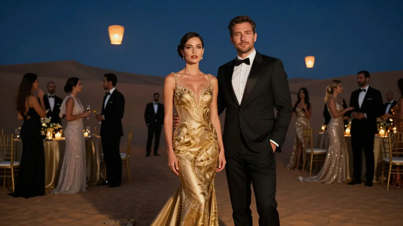 A woman in an embroidered gown beside a man at a desert gala under stars, elegant guests in the background.