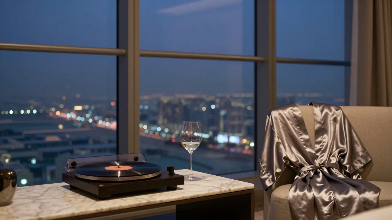 An elegant Dubai penthouse with wine, vinyl, and a silk robe, empty but inviting.
