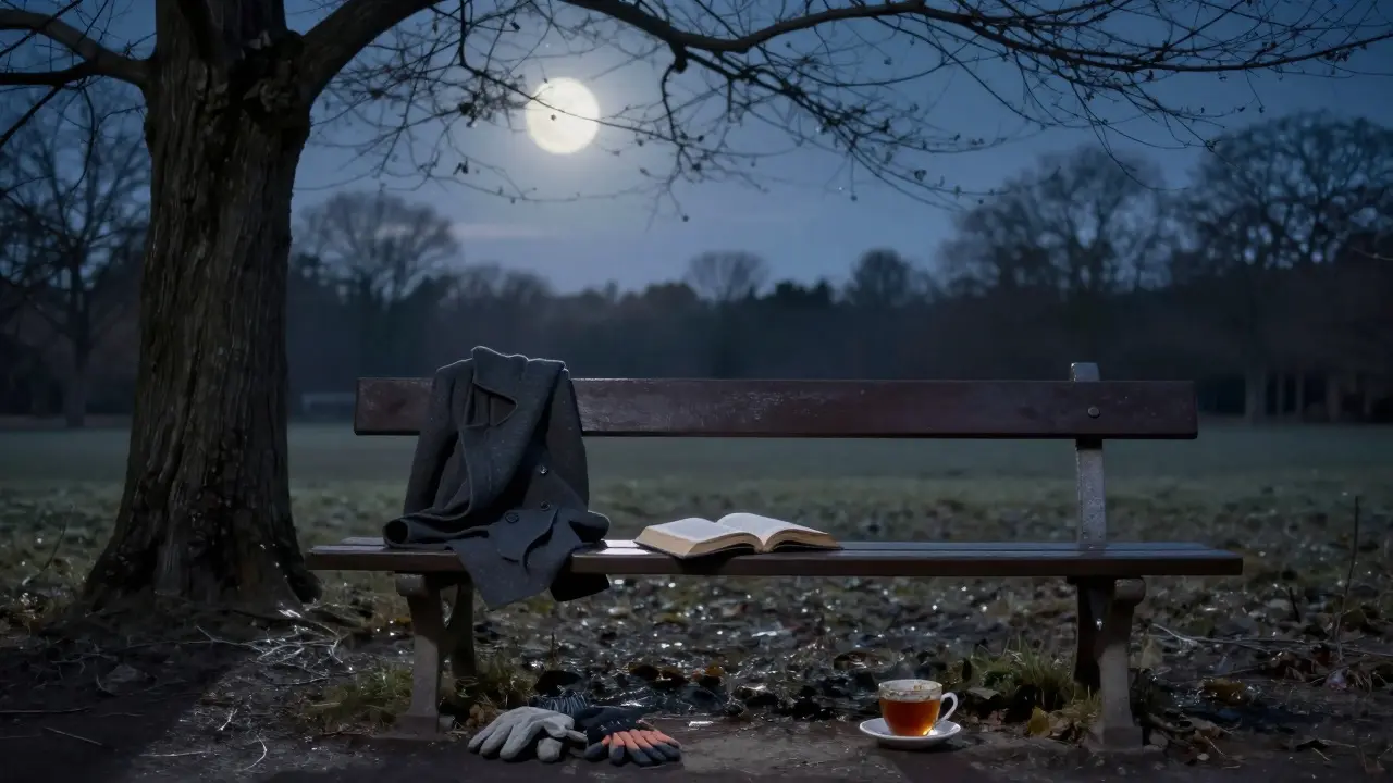 An empty park bench in Tiergarten at midnight, a book and tea left behind, evoking quiet human connection.