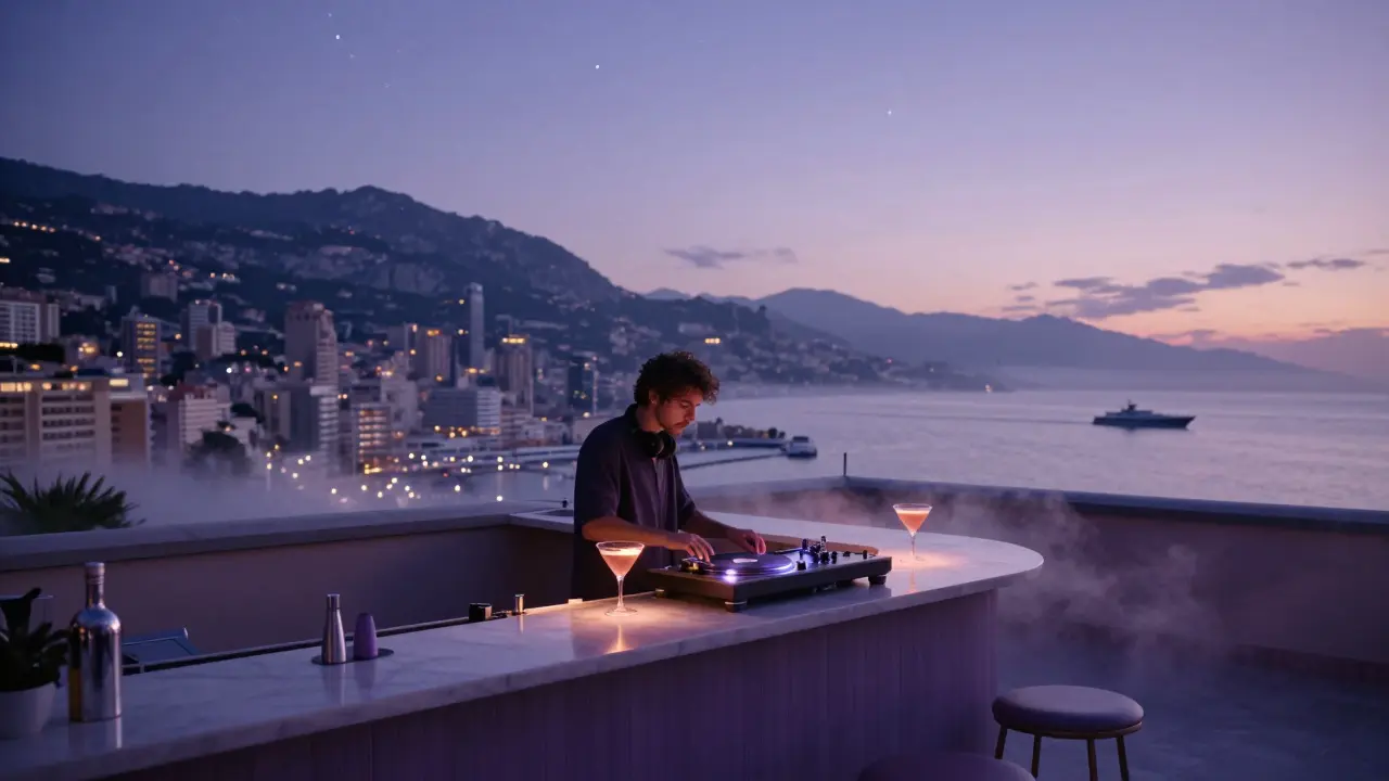 An empty rooftop terrace at dawn in Monaco with a vintage turntable and glowing cocktails, stars above the harbor.