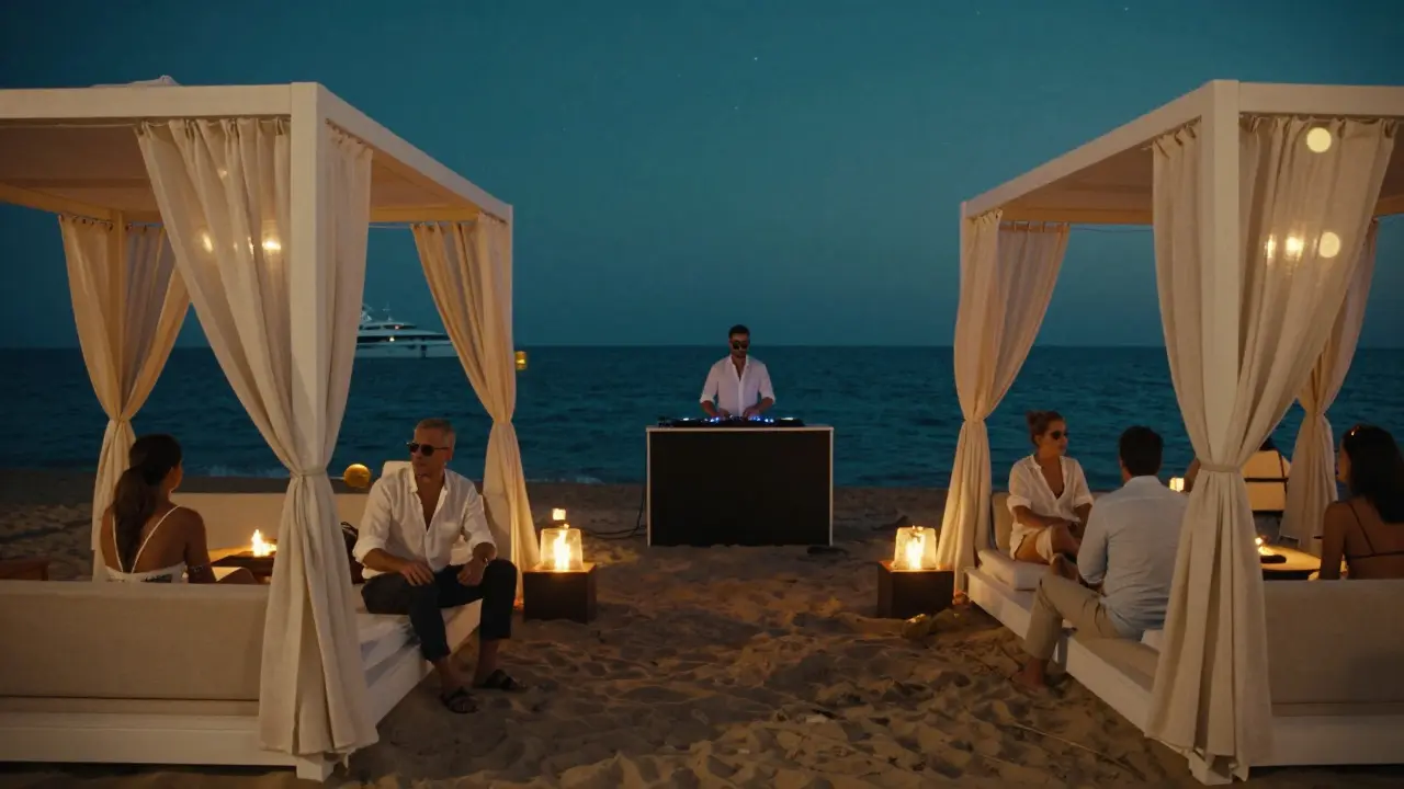 Beach lounge at night with fire pits, linen cabanas, and a yacht on the harbor.