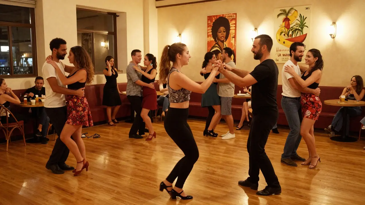 Beginners learning salsa in a cozy Parisian space, instructor guiding a group under warm lighting.