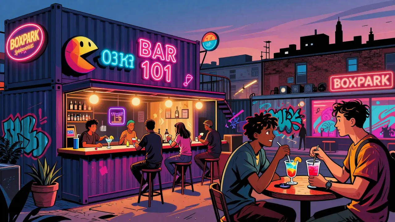 Colorful shipping container bars in Shoreditch with people playing arcade games and drinking cocktails.