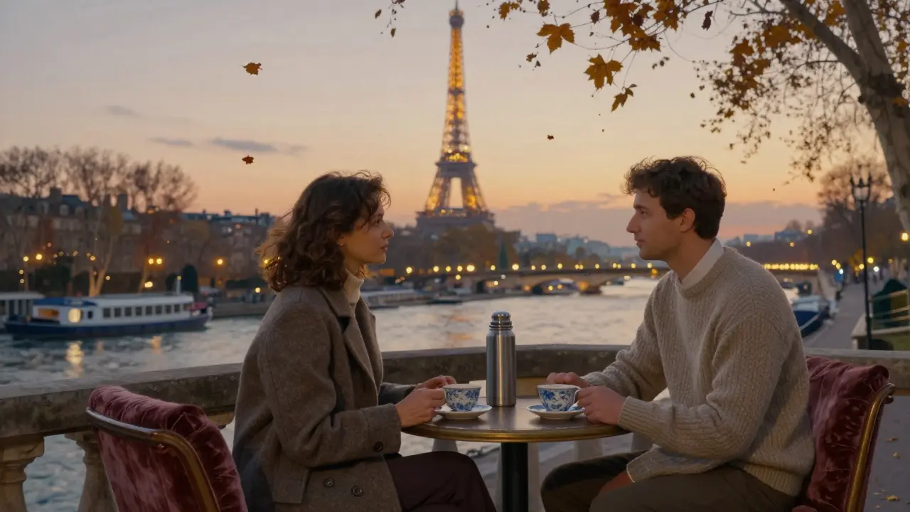 Couple on Seine terrace at twilight, tea between them, Eiffel Tower glowing softly.
