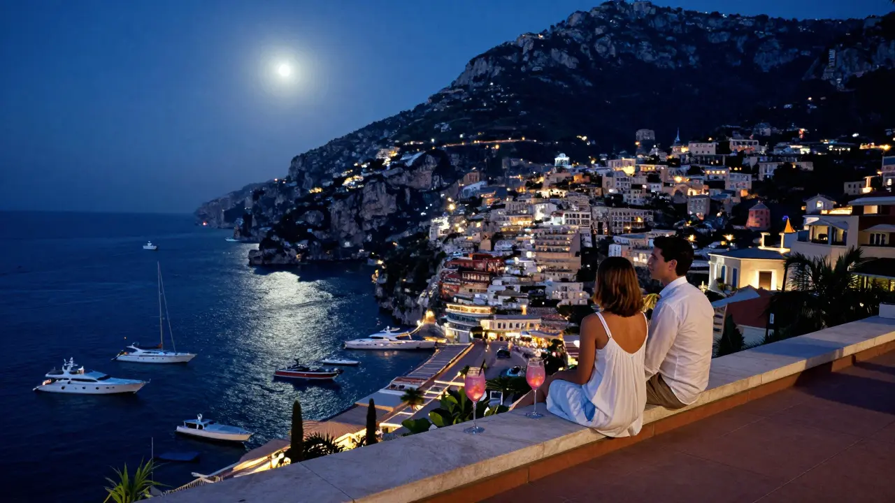 Couples on a rooftop bar overlooking a glittering harbor at night with yachts and city lights in the distance.