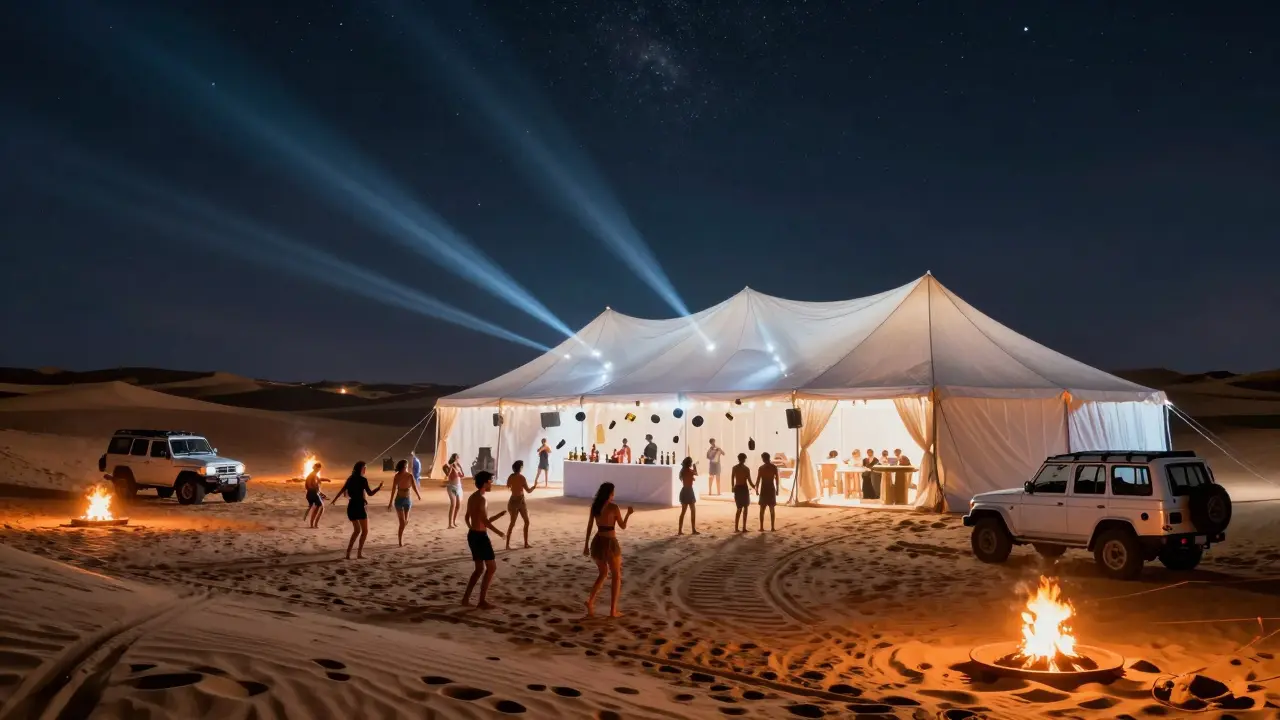 Desert party under stars inside a glowing white tent with dancers and fire pits amid sand dunes.