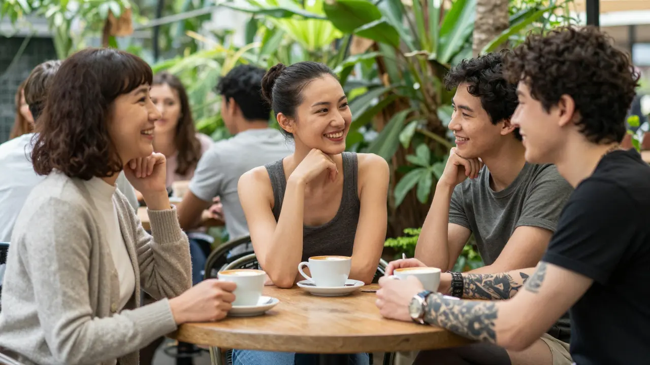 Diverse companions relaxing together in a sunlit garden café, radiating quiet dignity.