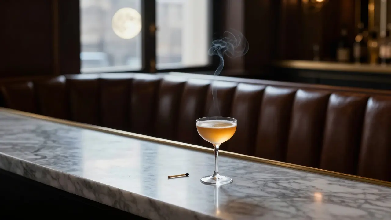 Elegant Mayfair bar with a single cocktail and extinguished match, conveying quiet luxury after midnight.