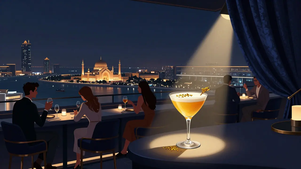 Elegant rooftop bar at Level 43 with city skyline and golden cocktails in twilight ambiance.