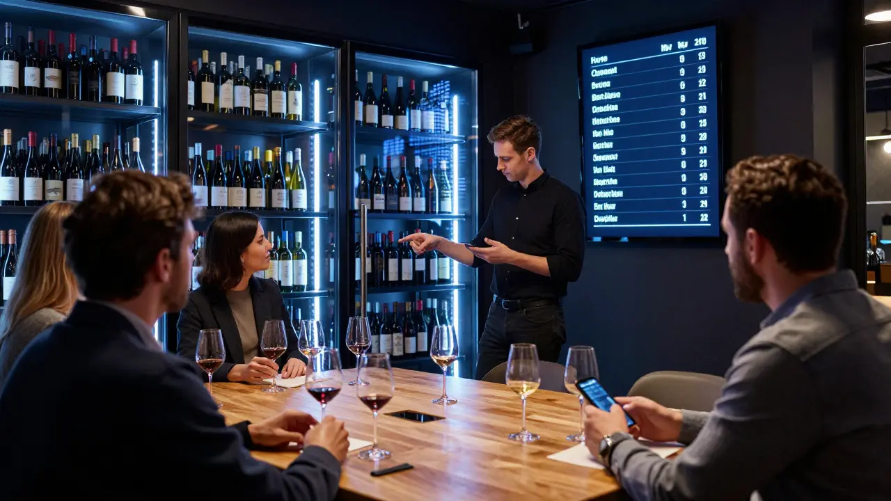 Guests participate in a blind wine tasting at a modern wine library with a digital leaderboard and glowing vault.