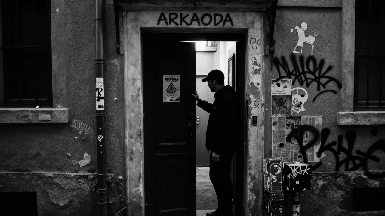 Hidden entrance to Arkaoda nightclub in a dim alley, faint light glowing from inside a nondescript door.