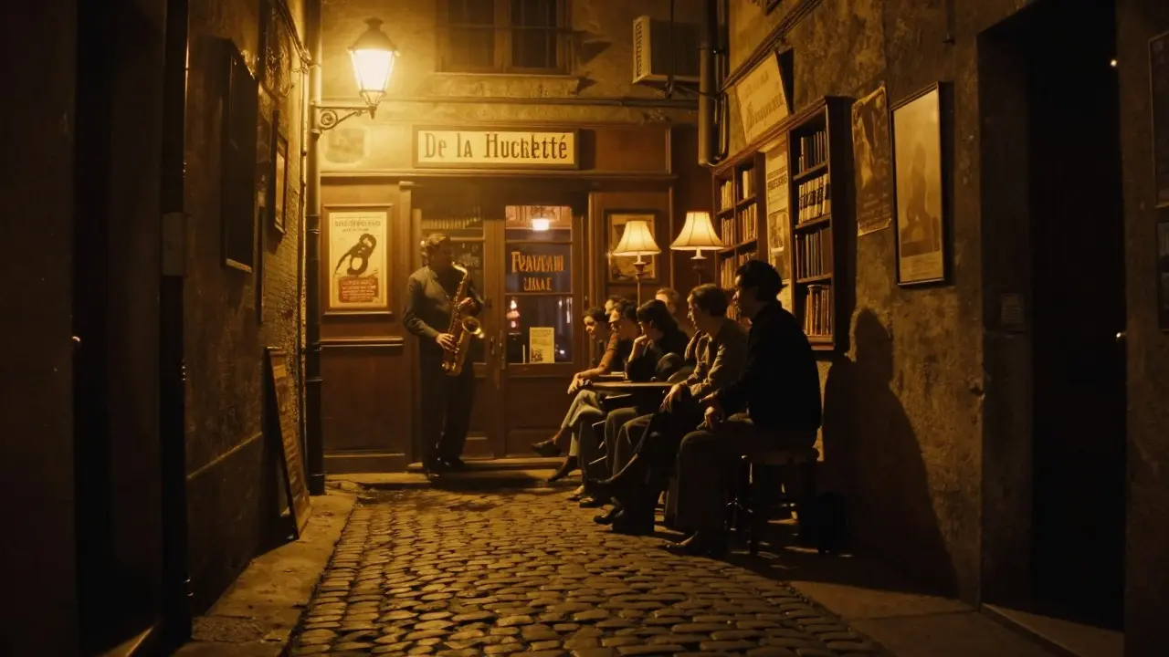 Hidden jazz bar entrance in a narrow alley, golden light spilling out onto cobblestones at night.