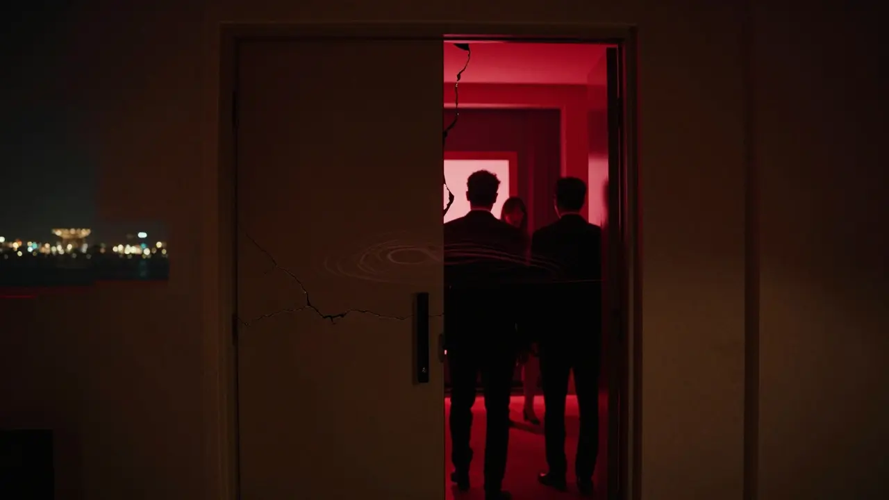 Hidden nightclub door at Yas Hotel glowing faintly red, silhouettes entering in quiet exclusivity.