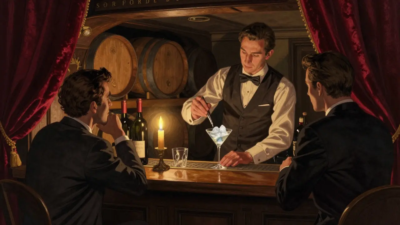 Hidden speakeasy cellar with candlelight on oak barrels, a mixologist stirring a signature cocktail.