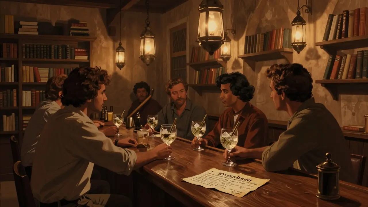 Hidden speakeasy with lantern light, patrons sipping gin tonics among bookshelves.