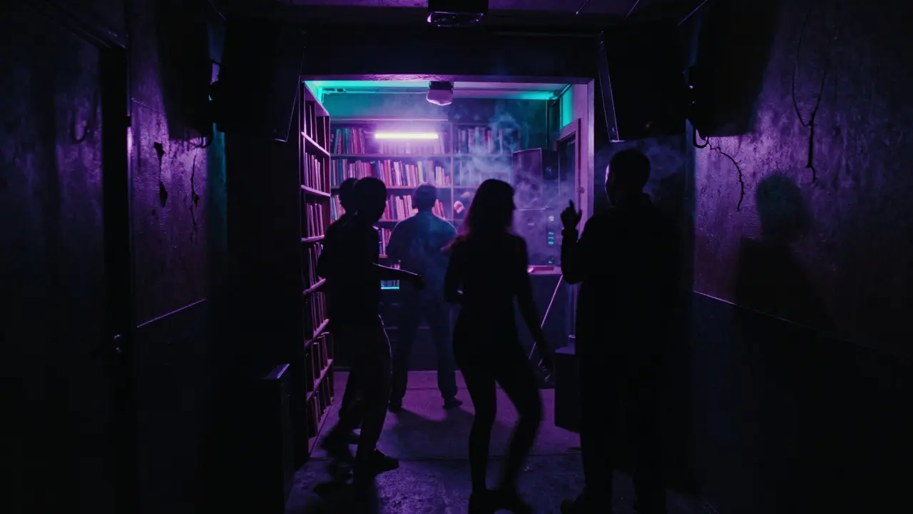 Hidden underground club entrance glowing with neon light, silhouettes of dancers in the doorway.
