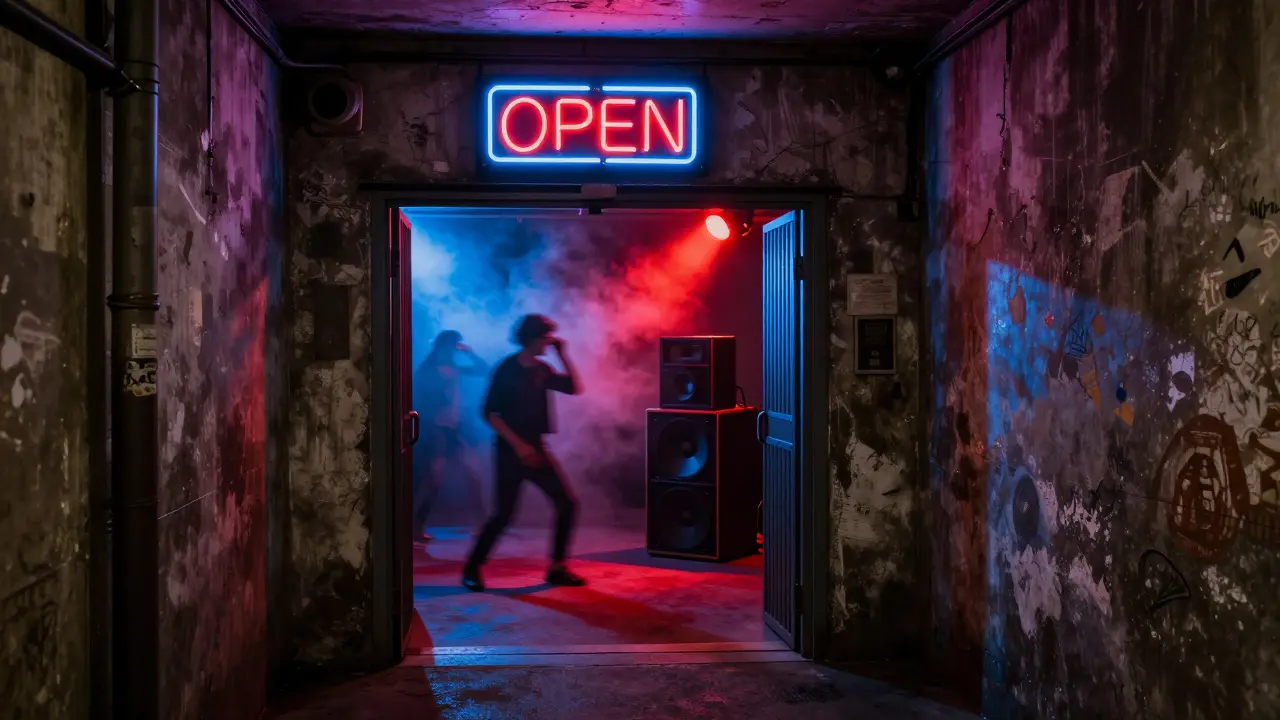 Hidden underground entrance to La Banda in Porta Ticinese with glowing red and blue lights revealing dancers inside.