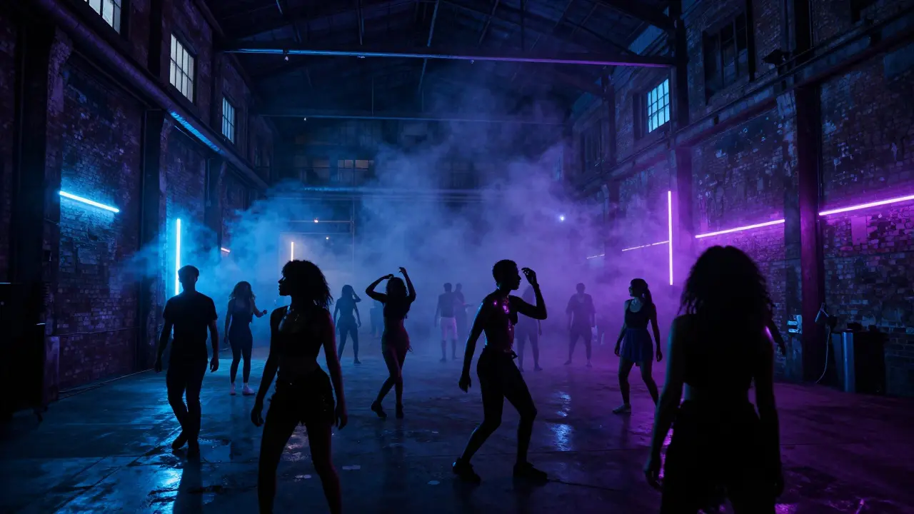 Industrial nightclub with dancers under neon lights and smoke-filled atmosphere