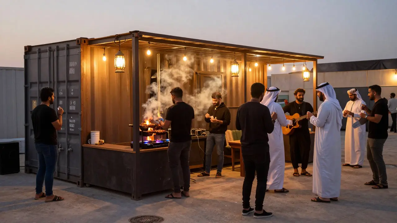 Industrial shipping container turned late-night food and music hub with dancing crowd and grilled food.