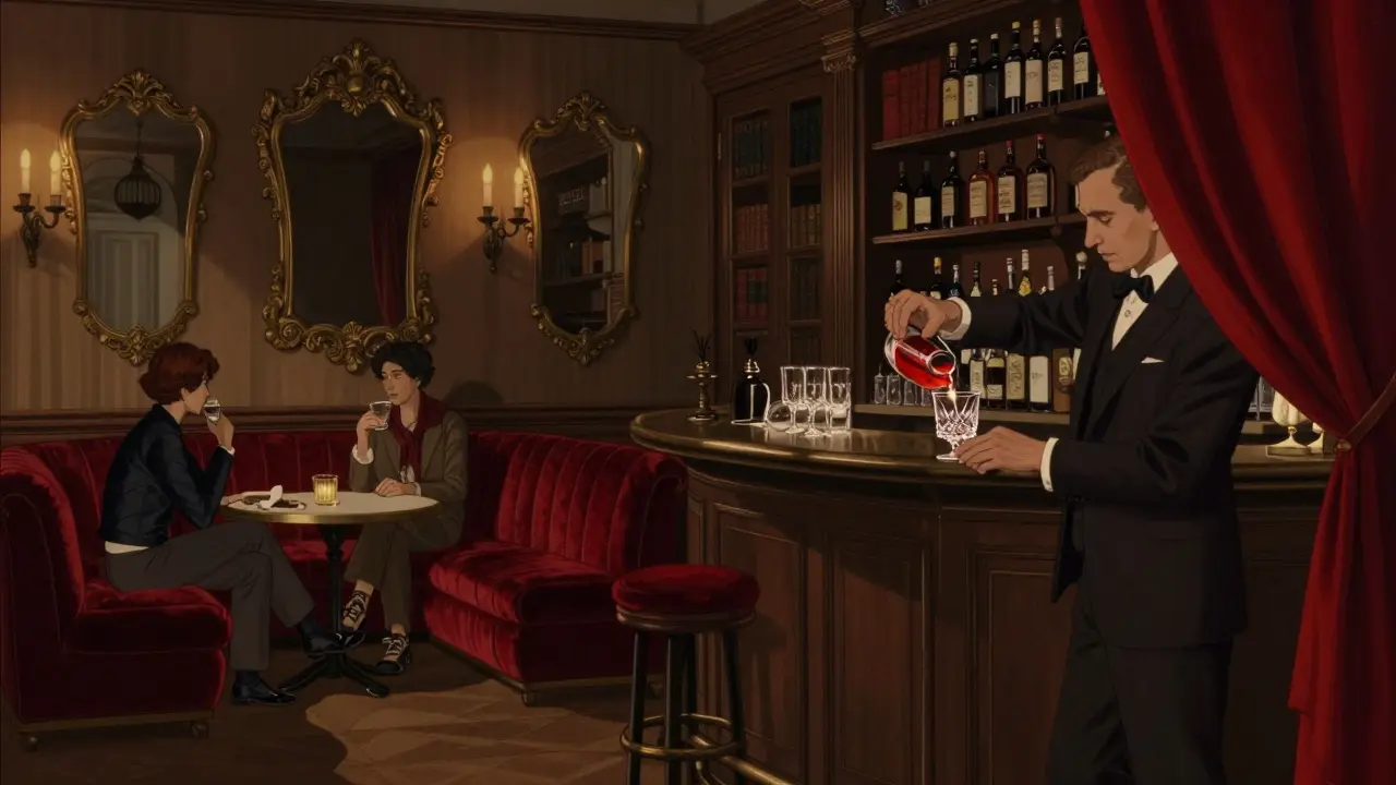 Intimate bar with velvet couches and a bartender pouring rare Italian amaro in dim light.