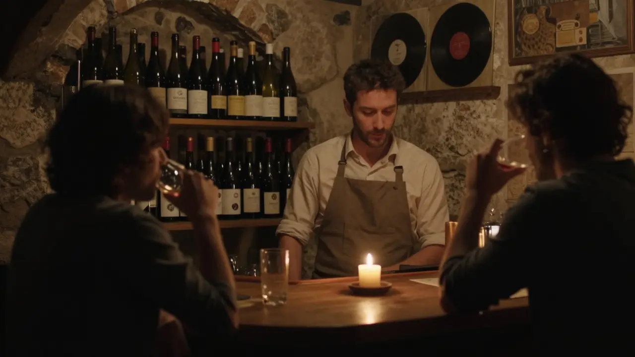 Intimate hidden wine bar with candlelight, bartender serving wine in a quiet stone cellar.
