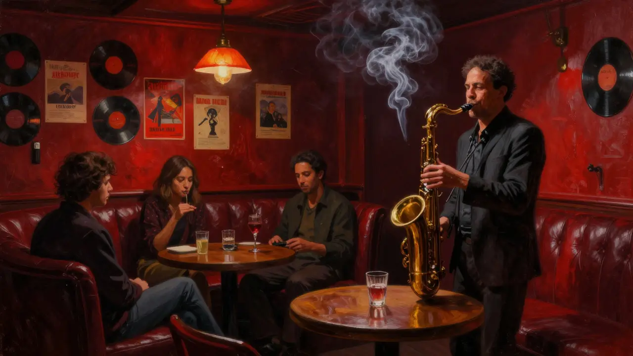Intimate jazz club basement with a saxophonist playing under dim red lights and leather couches.