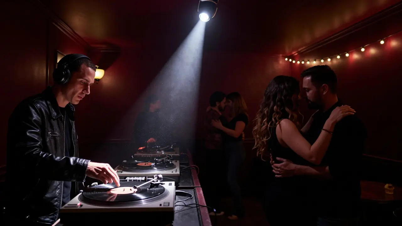 Intimate salsa dancers in a dim, burgundy-walled underground club, vinyl record spinning in shadow.